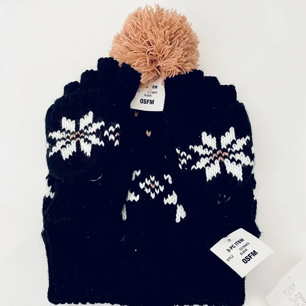 NWT Charter Club Black & White Snowflakes Nordic Beanie Pom Pom Gloves 2 Pc Set